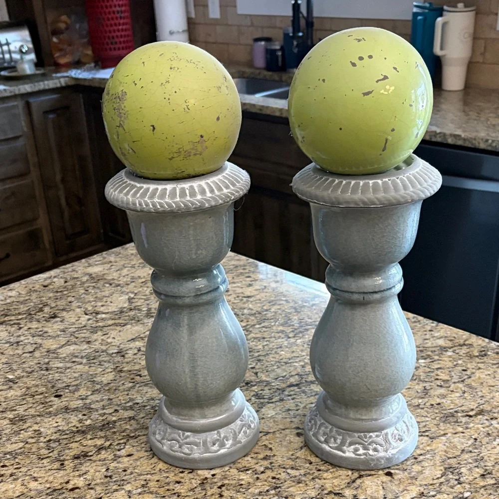 Home Accents Pair of Gray Pedestal Stands with Lime Green Decorative Spheres - Picture 1 of 4